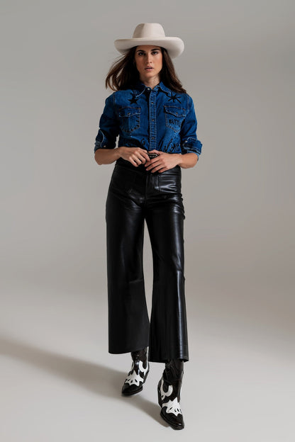 Fitted Denim Shirt With Black Graphic Details With Strass