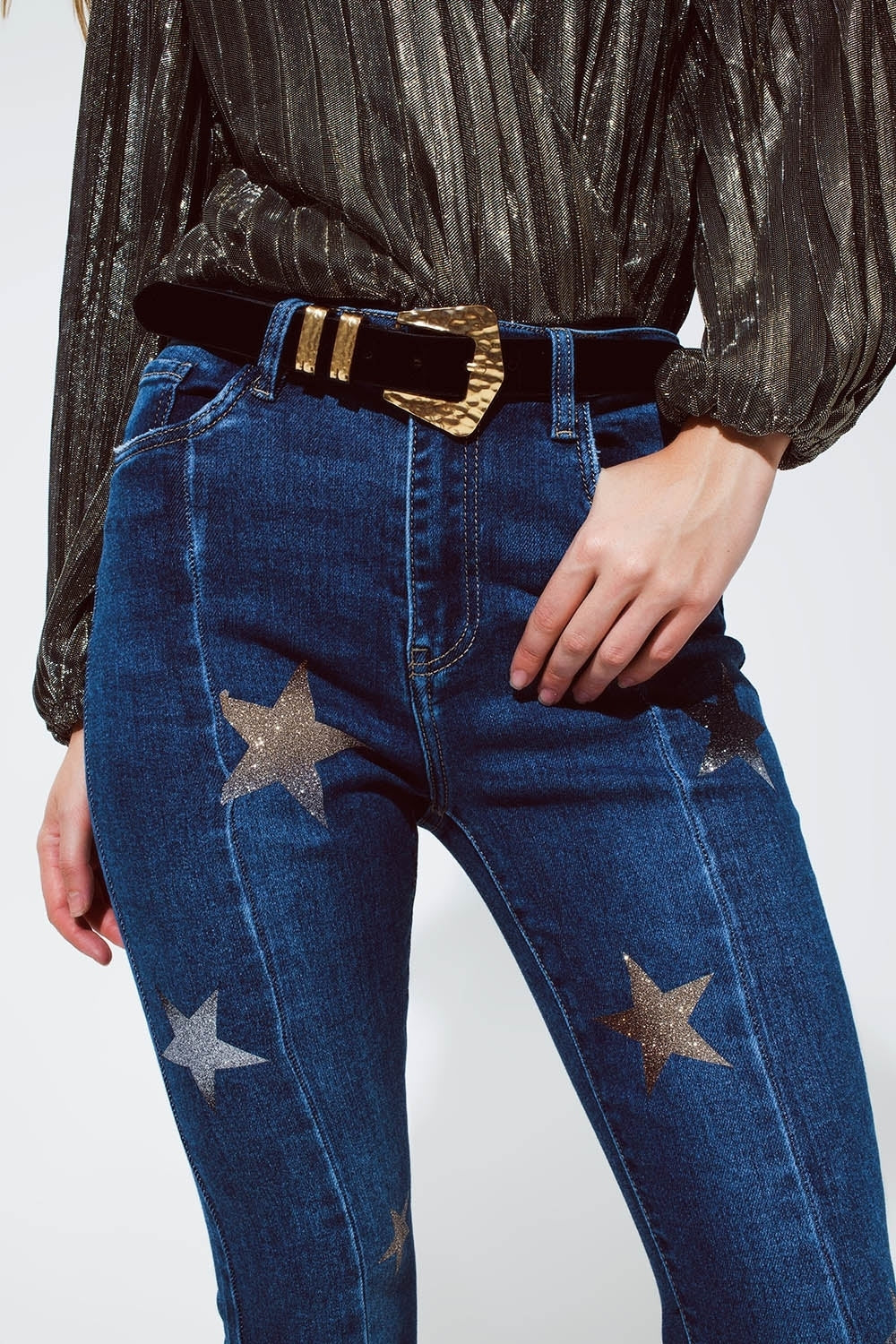 Flared Jeans With Shiny Stars Detail in Blue for Daily Wear