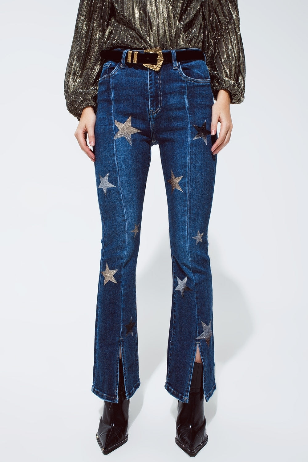 Flared Jeans With Shiny Stars Detail in Blue for Daily Wear