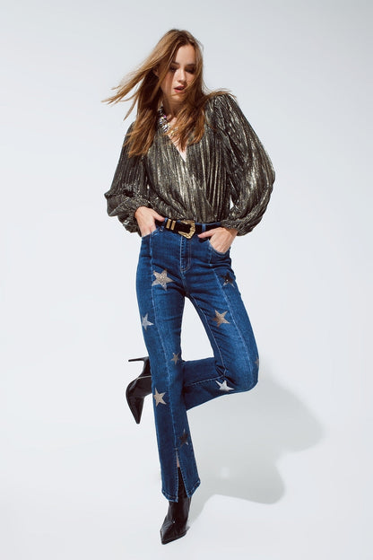 Flared Jeans With Shiny Stars Detail in Blue for Daily Wear