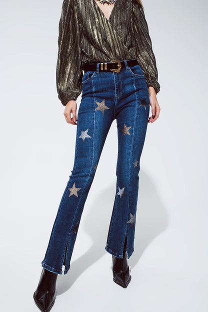 Flared Jeans With Shiny Stars Detail in Blue for Daily Wear