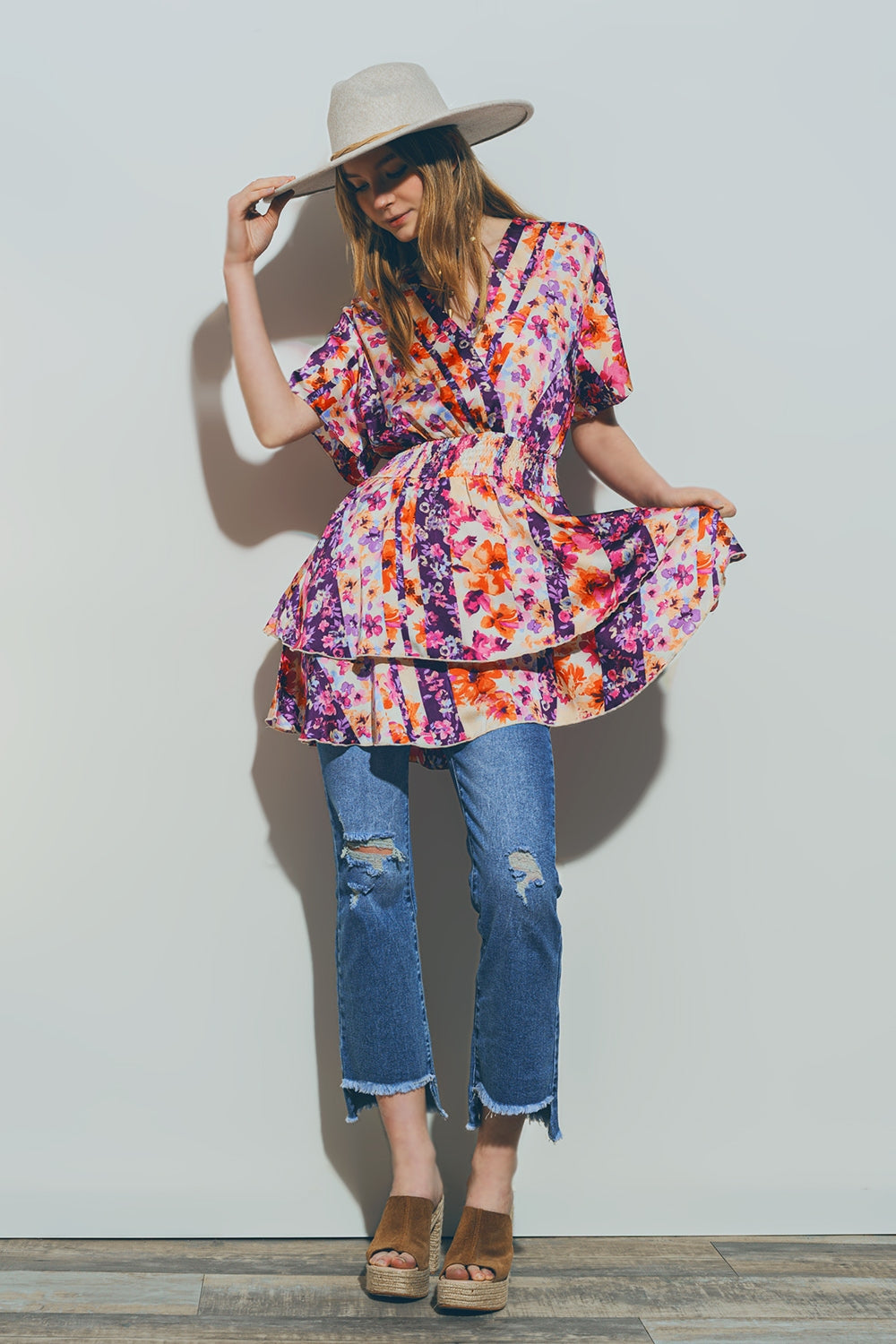 Floral Mini Dress in Multicolour with Wrap Front Style