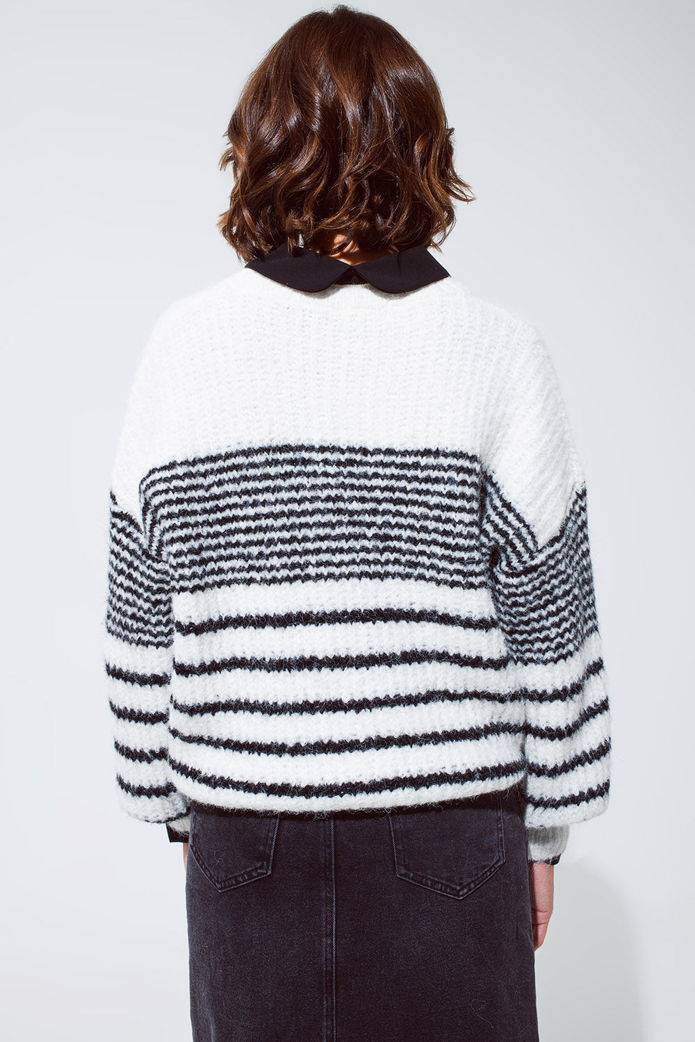 Fluffy Crew Neck Sweater With Thin Black Stripes in White