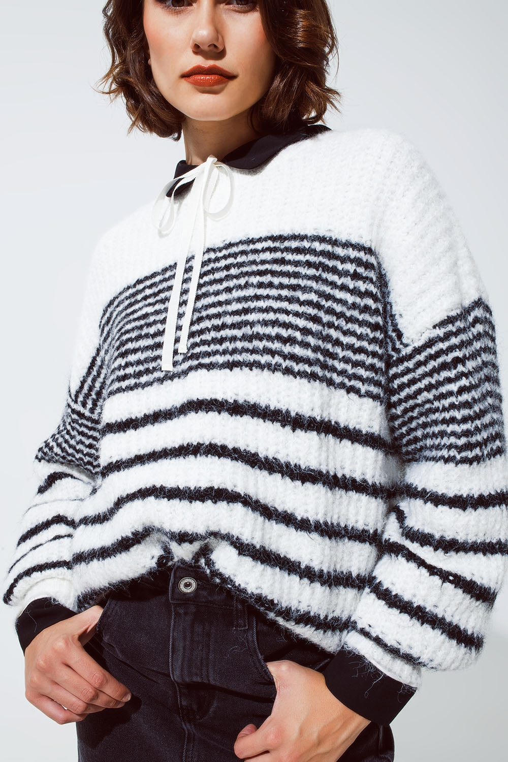 Fluffy Crew Neck Sweater With Thin Black Stripes in White