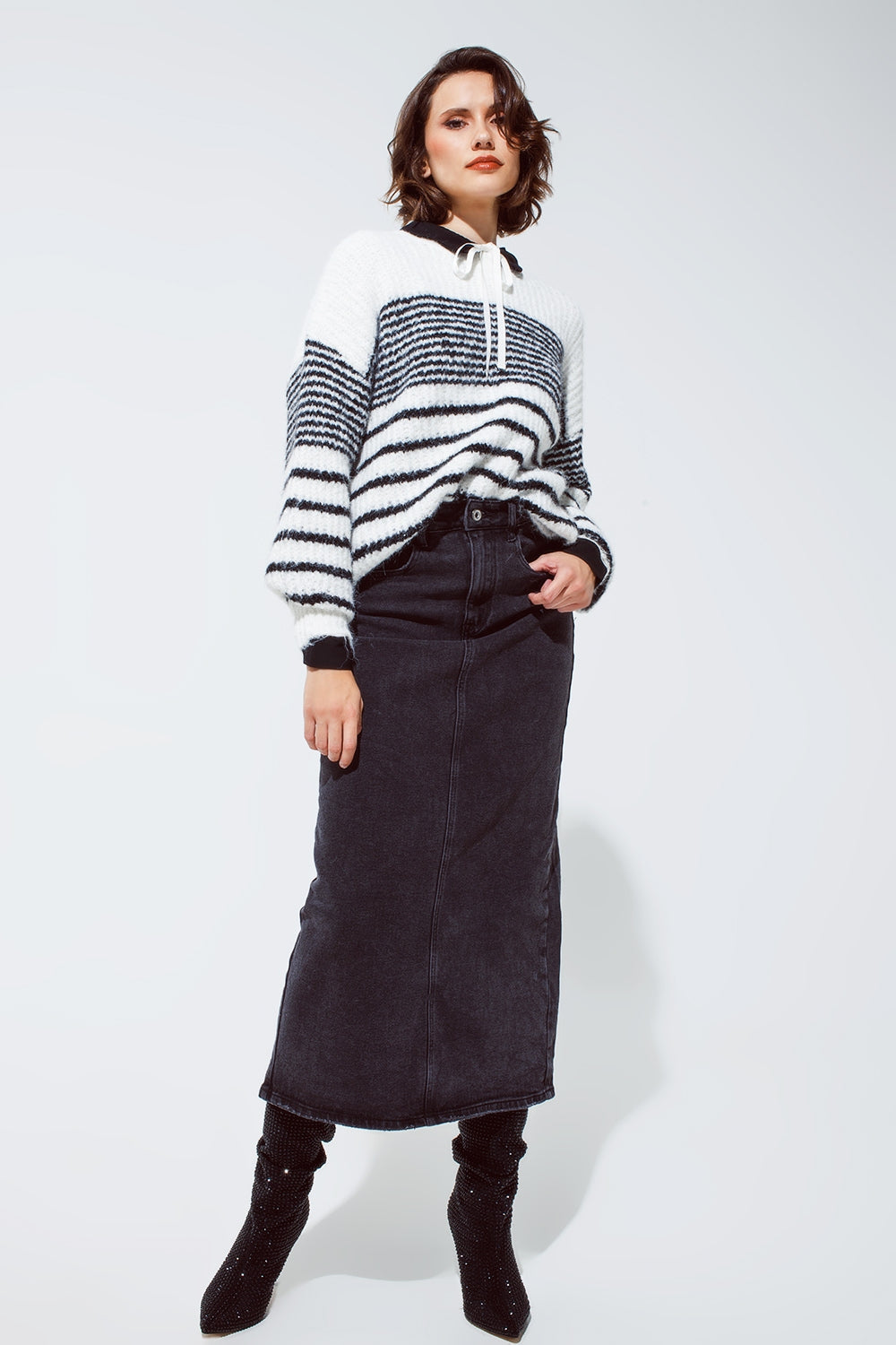 Fluffy Crew Neck Sweater With Thin Black Stripes in White