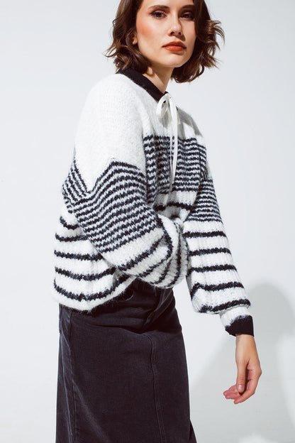 Fluffy Crew Neck Sweater With Thin Black Stripes in White