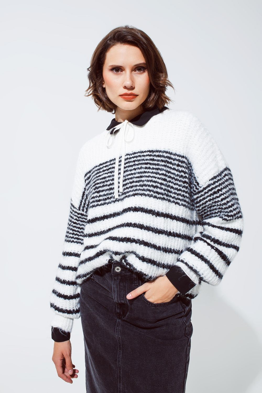 Fluffy Crew Neck Sweater With Thin Black Stripes in White