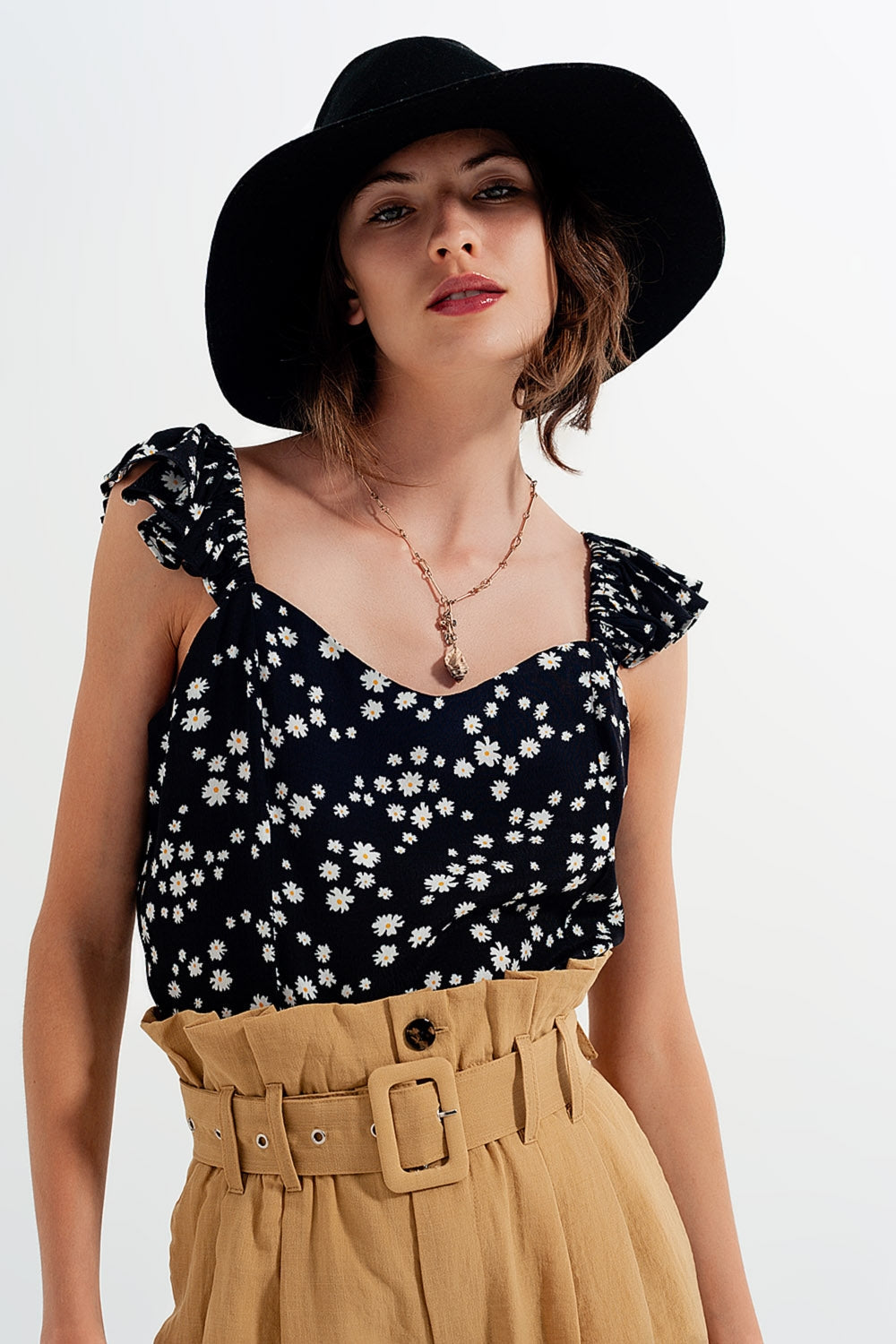 Frill Strap Cami Top in Black Ditsy Floral Print Fashion