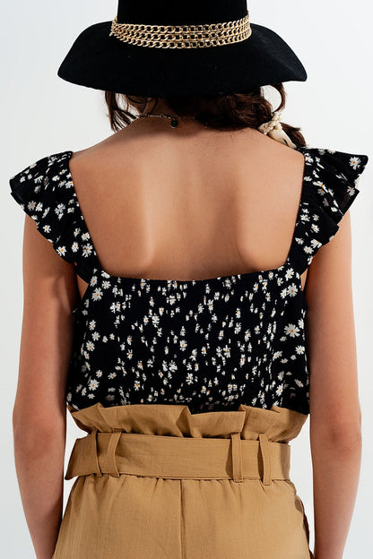 Frill Strap Cami Top in Black Ditsy Floral Print Fashion