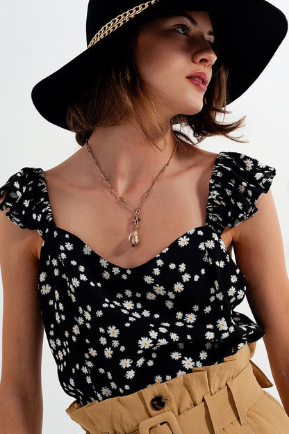 Frill Strap Cami Top in Black Ditsy Floral Print Fashion