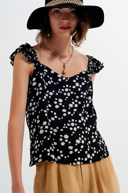 Frill Strap Cami Top in Black Ditsy Floral Print Fashion