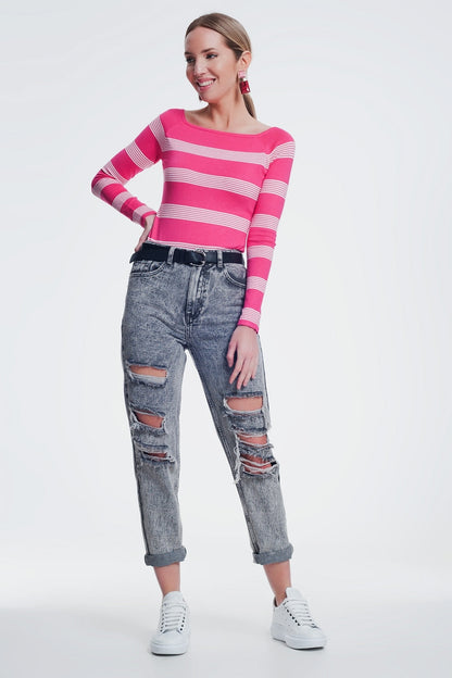 Fuchsia Striped Sweater With Boat Neck for Casual Chic