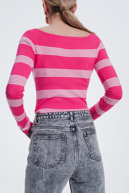 Fuchsia Striped Sweater With Boat Neck for Casual Chic