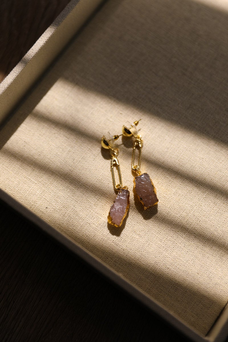 Gem Stone Fashion Earrings in Gold with Pink Gemstone