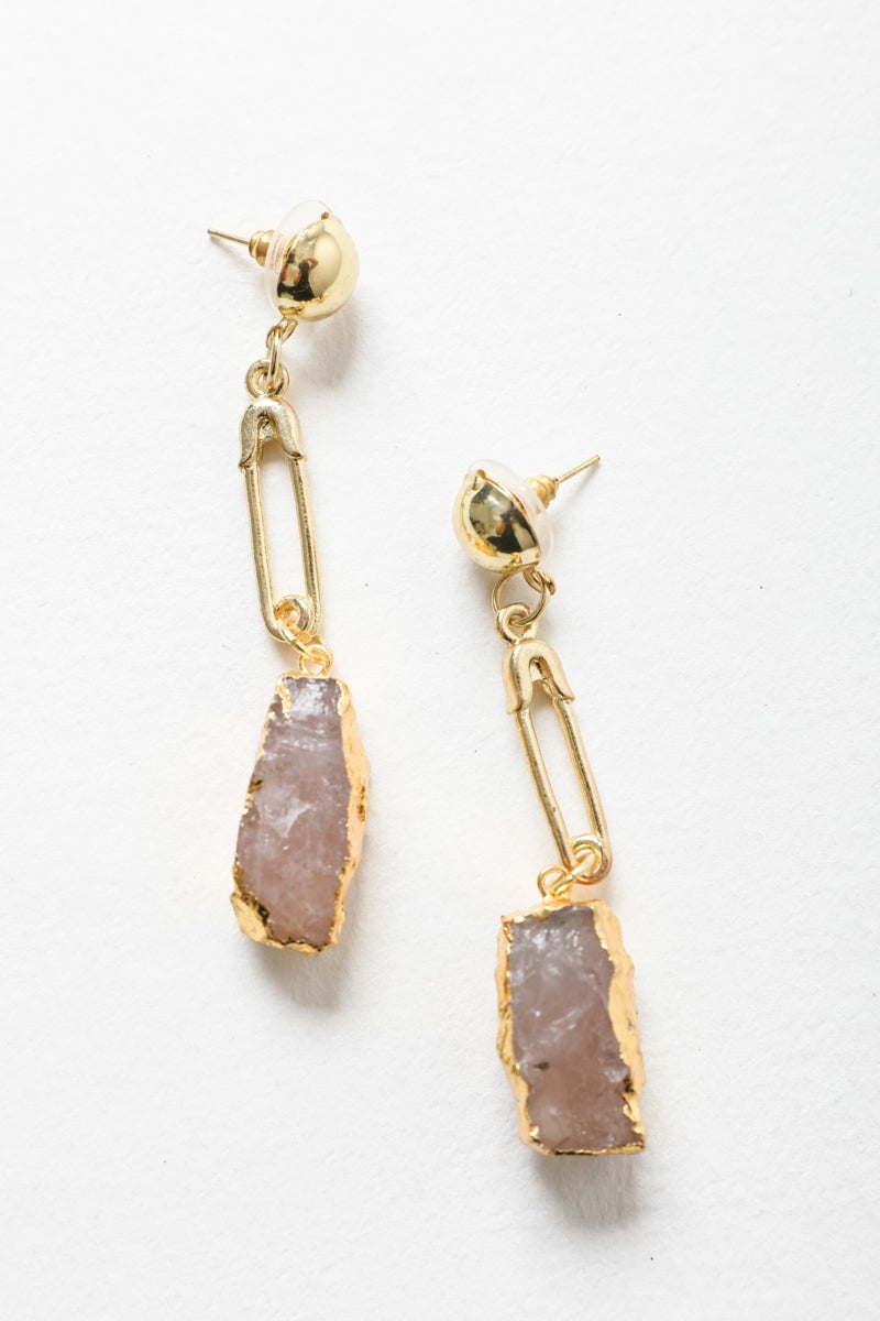 Gem Stone Fashion Earrings in Gold with Pink Gemstone