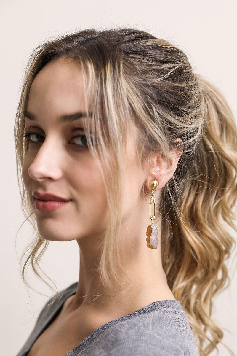 Gem Stone Fashion Earrings in Gold with Pink Gemstone