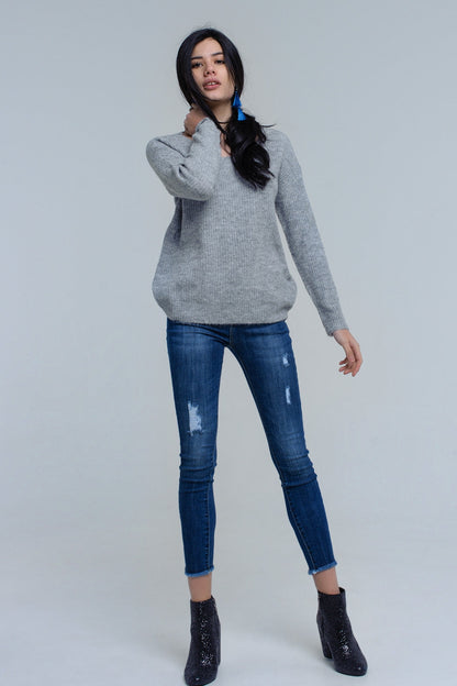 Stylish Gray Knitted Sweater With Tie-Back Closure for Comfort