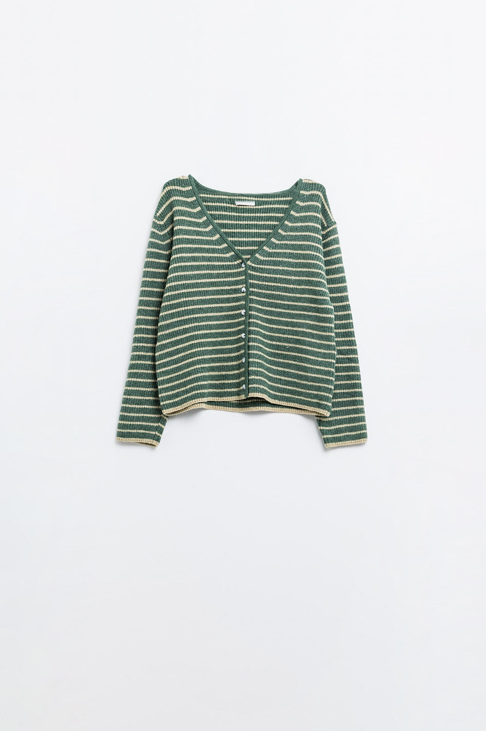 Green Striped Textured Knit Cardigan for Stylish Comfort