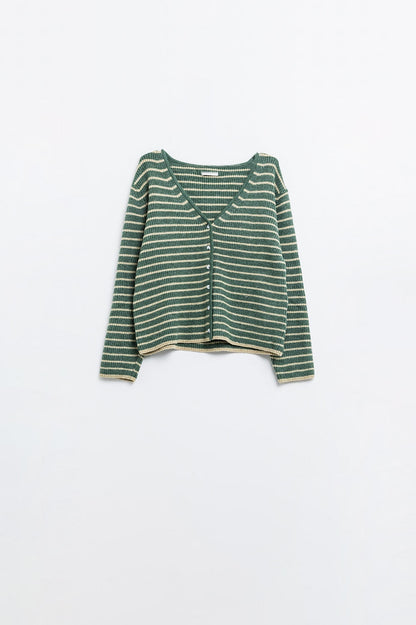 Green Striped Textured Knit Cardigan for Stylish Comfort