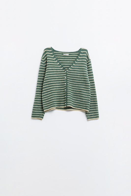 Green Striped Textured Knit Cardigan for Stylish Comfort