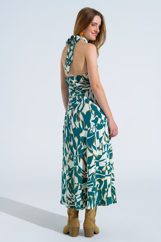 Halter Midi Dress With Cinched Waist in Green and White Print