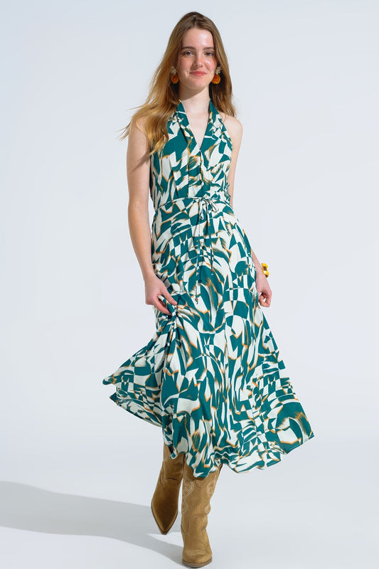 Halter Midi Dress With Cinched Waist in Green and White Print