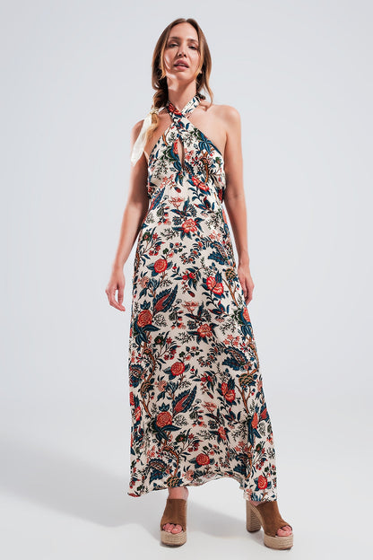 Halter Neck Maxi Dress in Beige Paisley Print for Summer