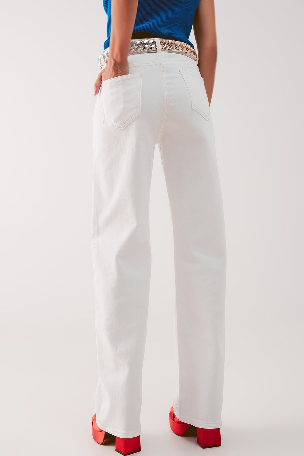 High Rise Slouchy Mom Jeans in Cream with Five Pockets