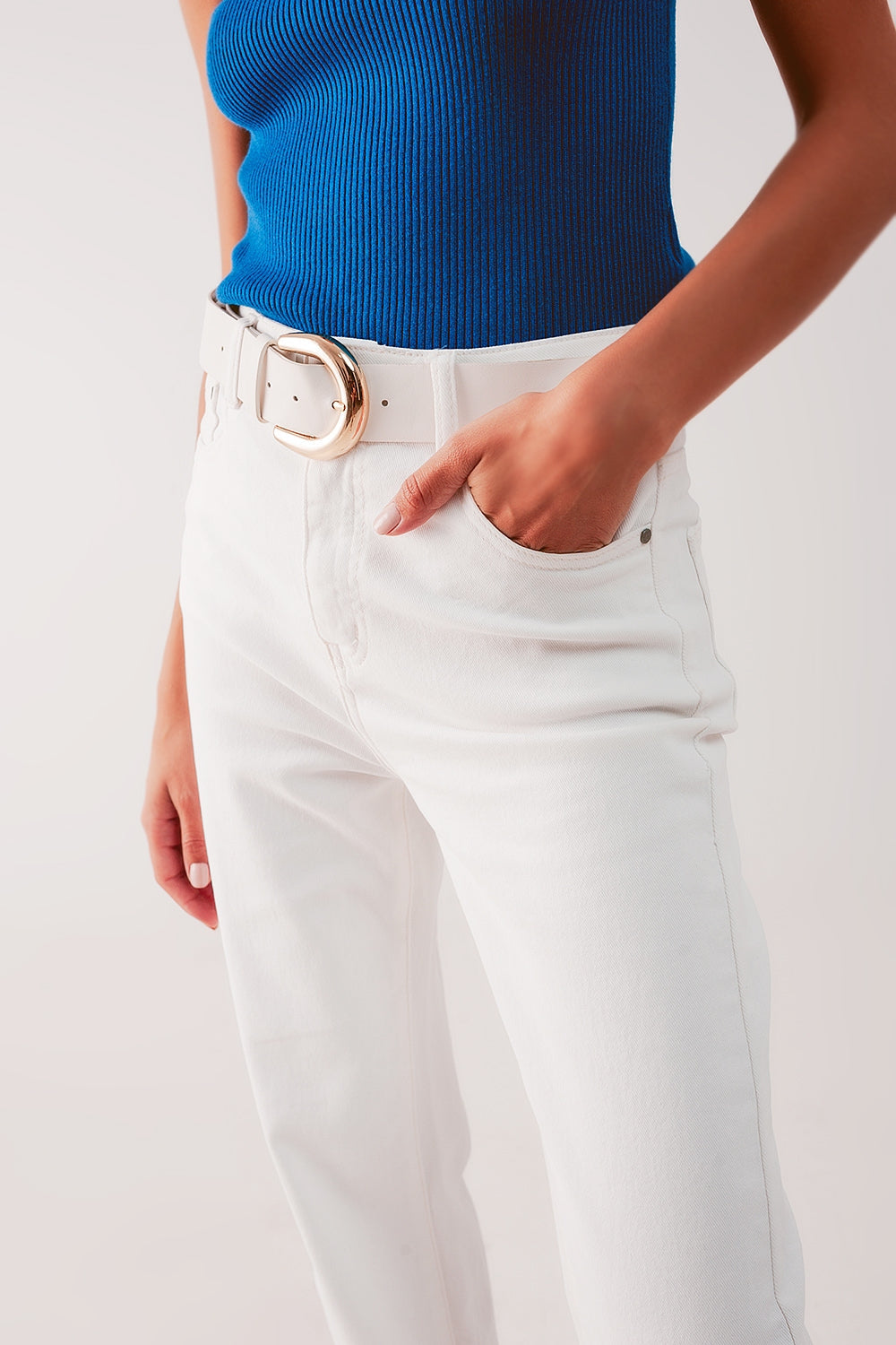 High Rise Slouchy Mom Jeans in Cream with Five Pockets