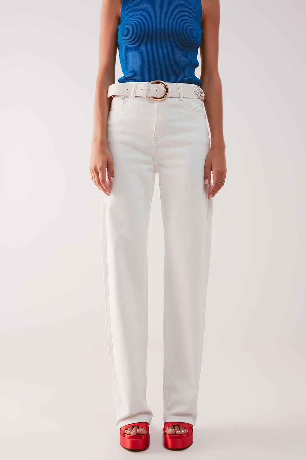 High Rise Slouchy Mom Jeans in Cream with Five Pockets