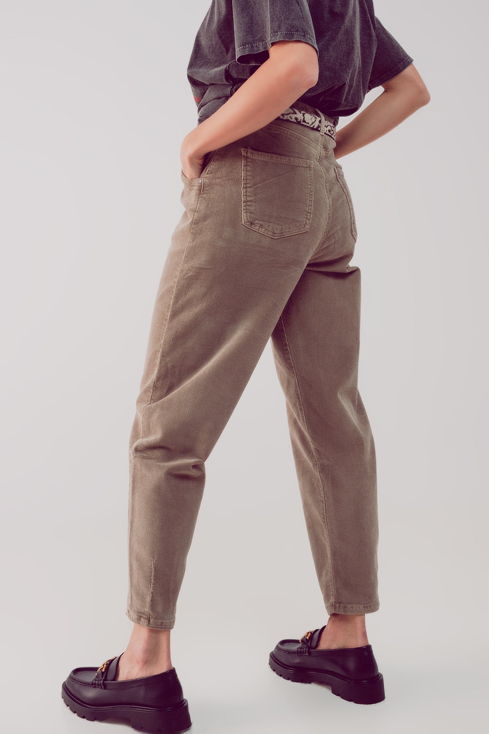 High Rise Slouchy Mom Pants in Beige Cord for Relaxed Style