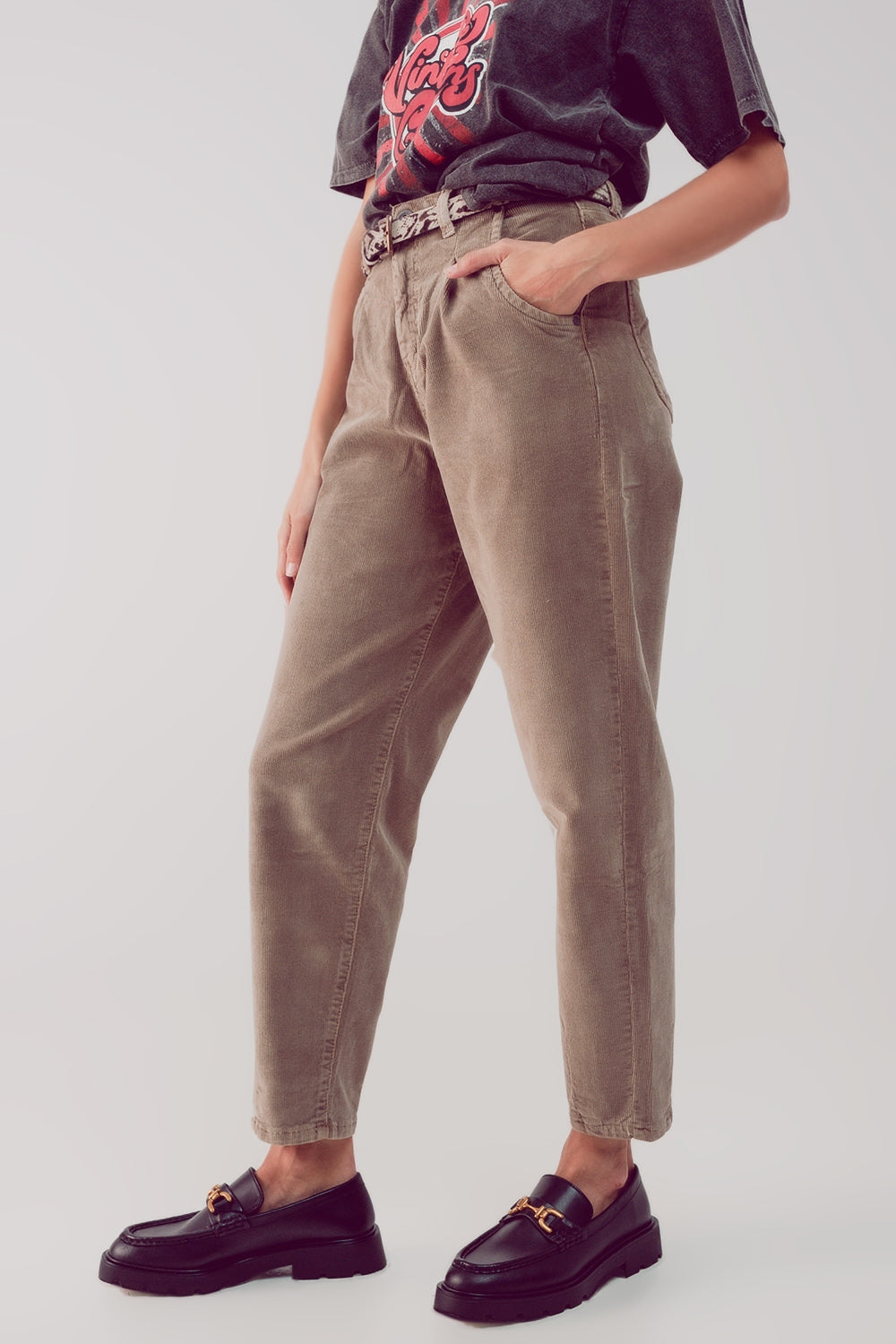 High Rise Slouchy Mom Pants in Beige Cord for Relaxed Style