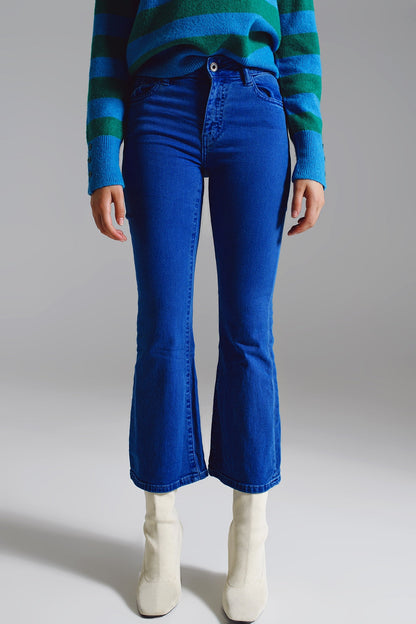 High Waist Flair Jeans in Blue with Five Functional Pockets