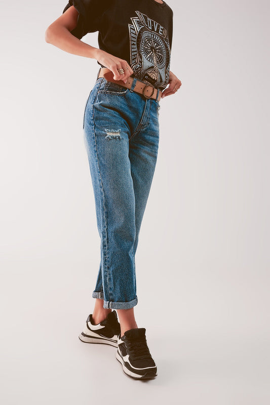 High Waist Jean With Thigh Slash in Midblue for Urban Style