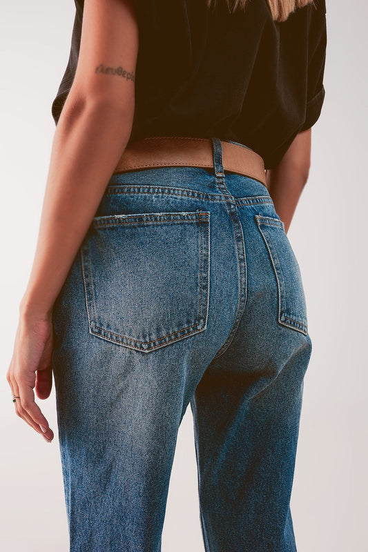 High Waist Jean With Thigh Slash in Midblue for Urban Style