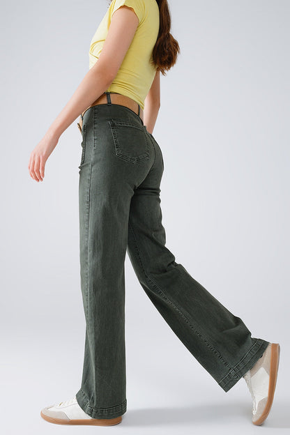 High Waisted Front Pockets Flare Jeans in Dark Khaki