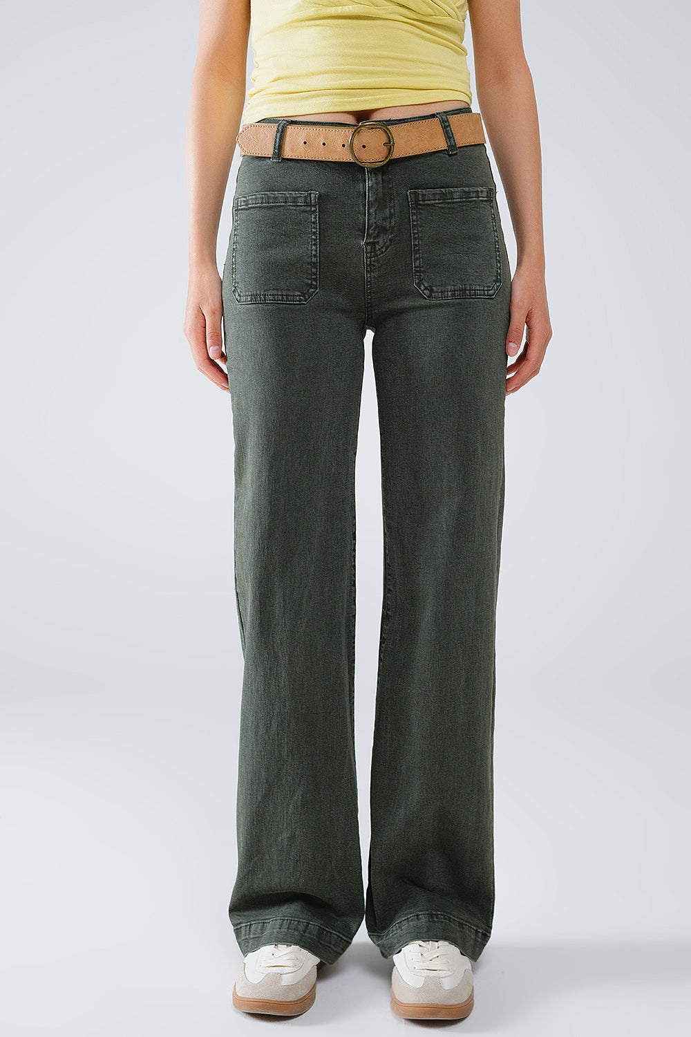 High Waisted Front Pockets Flare Jeans in Dark Khaki