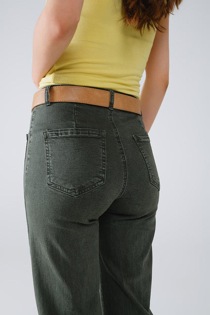 High Waisted Front Pockets Flare Jeans in Dark Khaki