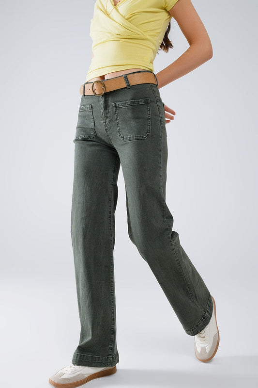 High Waisted Front Pockets Flare Jeans in Dark Khaki