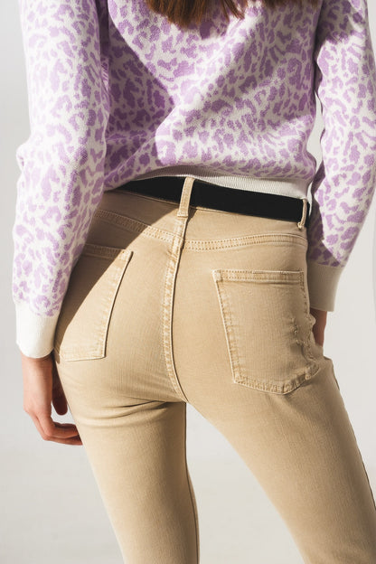 High Waisted Skinny Jeans in Beige with Distressed Design