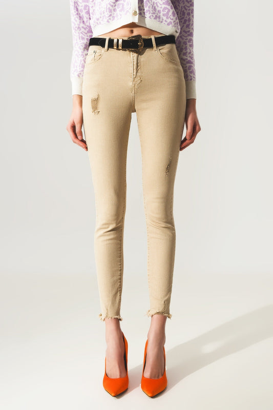 High Waisted Skinny Jeans in Beige with Distressed Design