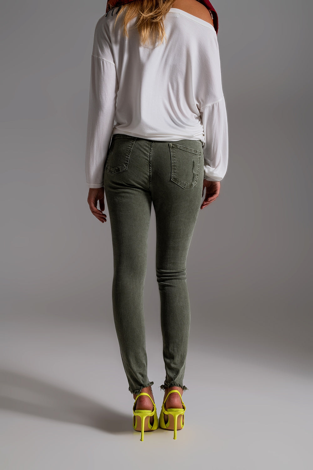 High Waisted Skinny Jeans in Khaki with Distressed Design