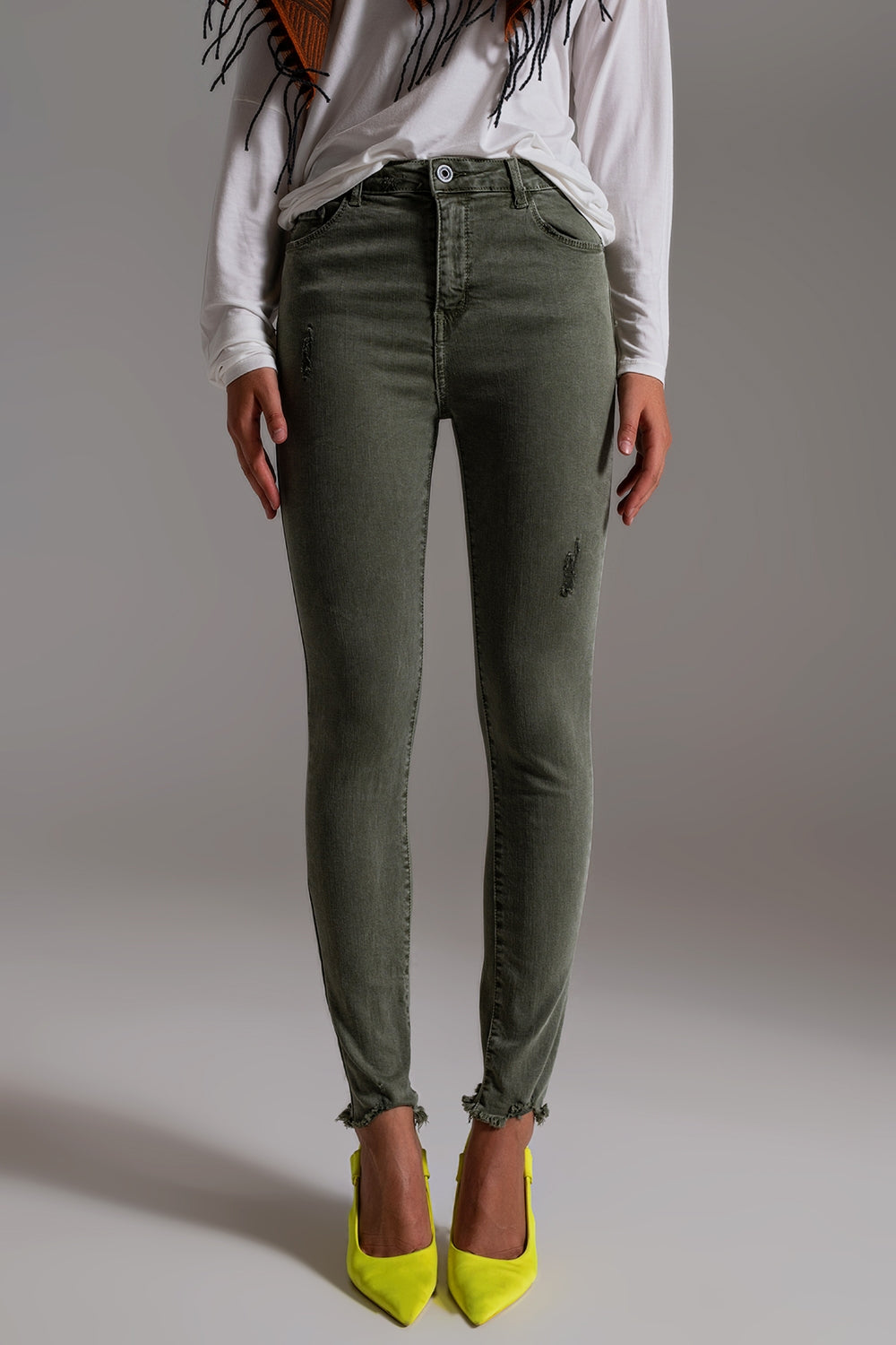 High Waisted Skinny Jeans in Khaki with Distressed Design