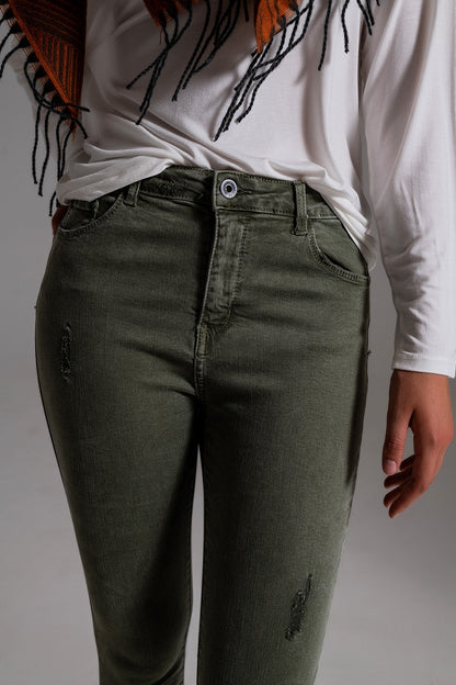 High Waisted Skinny Jeans in Khaki with Distressed Design