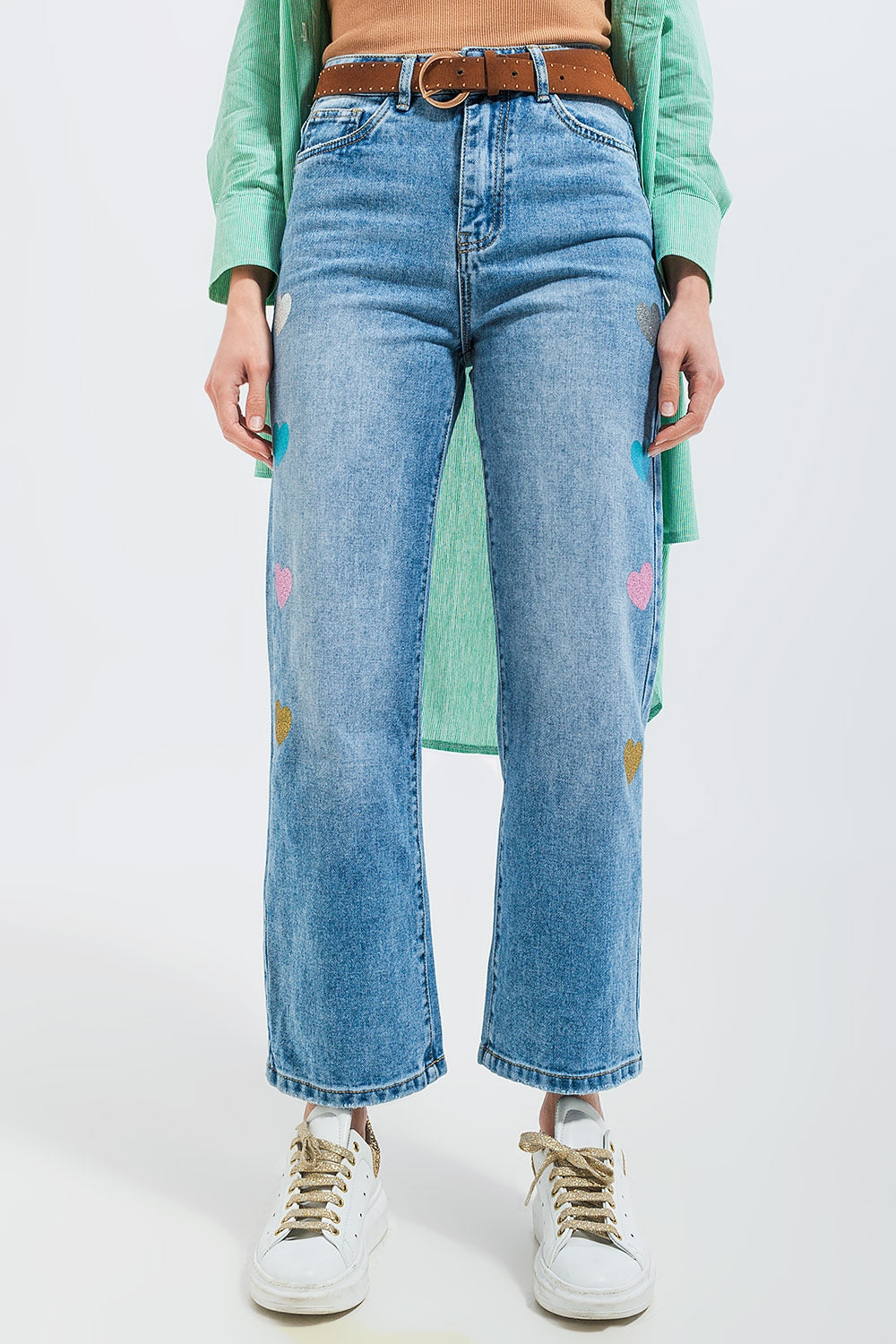 High Waisted Straight Leg Jean With Heart Print Mid Wash