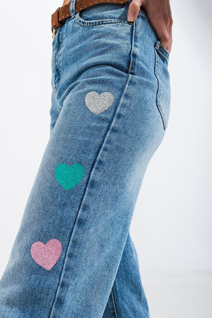 High Waisted Straight Leg Jean With Heart Print Mid Wash