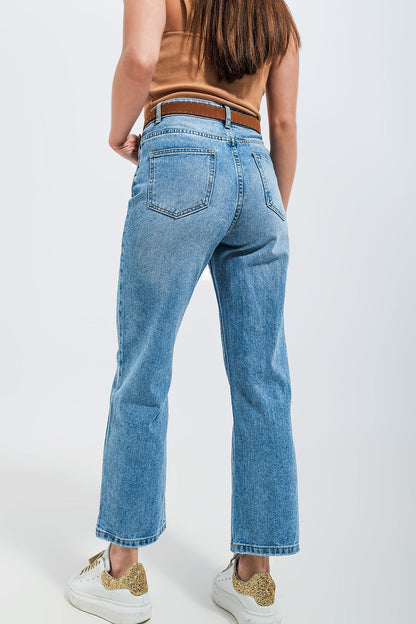 High Waisted Straight Leg Jean With Heart Print Mid Wash