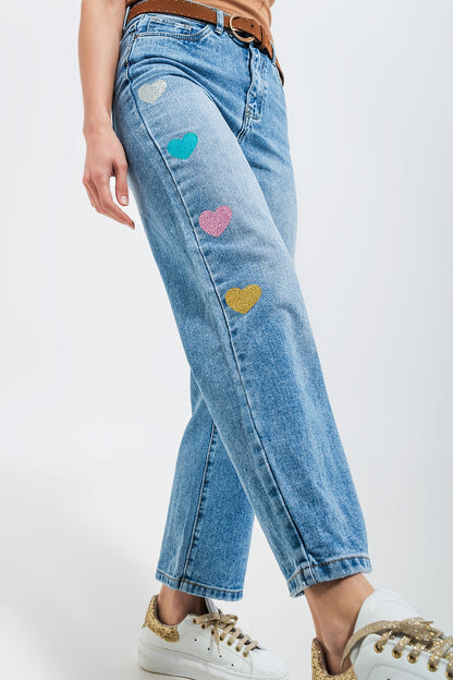 High Waisted Straight Leg Jean With Heart Print Mid Wash