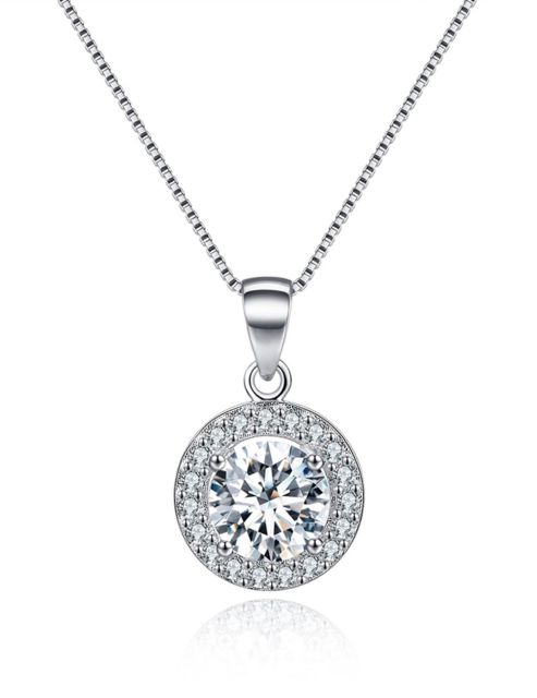 Round Halo Crystal Pendant Necklace in 18K White Gold