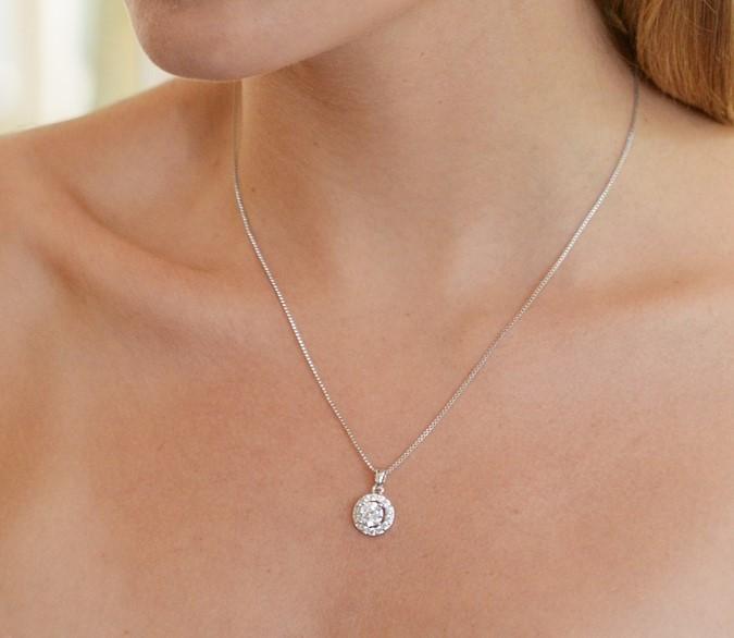 Round Halo Crystal Pendant Necklace in 18K White Gold